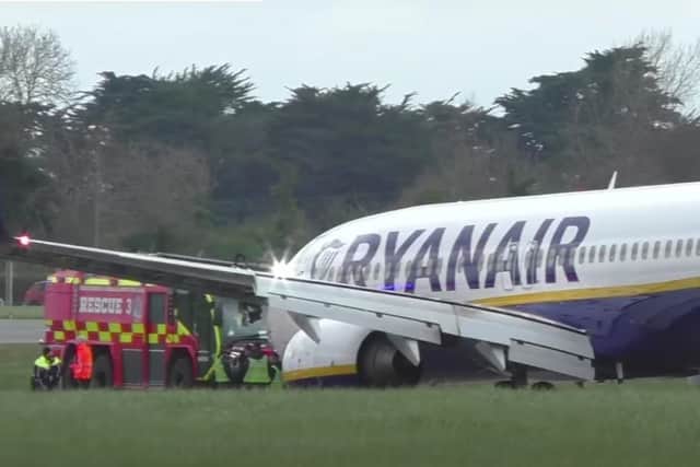 Ryanair flight FR5542 from Liverpool to Dublin had a nose gear failure during landing at Dublin Airport. Image: Airports Live TV/YouTube