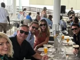 Abbey Clancy poses with husband Peter Crouch, sister Elle, Holly Willoughby and her husband Dan Baldwin. (Picture: Instagram/@abbeyclancy)