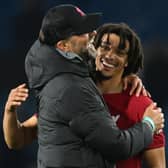 Jurgen Klopp manager of Liverpool  with Trent Alexander-Arnold of Liverpool after  the Premier League match against Leeds United. Image: Andrew Powell/Liverpool FC via Getty Images