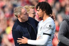 Liverpool’s Trent Alexander-Arnold with Nottingham Forest manager Steve Cooper. Picture: Andrew Powell/Liverpool FC via Getty Images