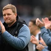 Eddie Howe, Manager of Newcastle United, applauds the fans after the team's victory during the Premier League match between Newcastle United and Tottenham Hotspur at St. James Park on April 23, 2023 in Newcastle upon Tyne, England. (Photo by Stu Forster/Getty Images)
