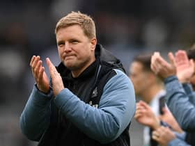Eddie Howe, Manager of Newcastle United, applauds the fans after the team's victory during the Premier League match between Newcastle United and Tottenham Hotspur at St. James Park on April 23, 2023 in Newcastle upon Tyne, England. (Photo by Stu Forster/Getty Images)