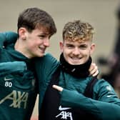 Tyler Morton, left, with Liverpool team-mate Harvey Elliott. Picture: Andrew Powell/Liverpool FC via Getty Images