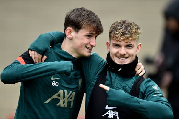 Tyler Morton, left, with Liverpool team-mate Harvey Elliott. Picture: Andrew Powell/Liverpool FC via Getty Images