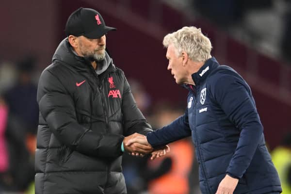 Jurgen Klopp manager of Liverpool with West Ham United manager David Moyes   during the Premier League match between West Ham United and Liverpool FC at London Stadium on April 26, 2023 in London, England. (Photo by Andrew Powell/Liverpool FC via Getty Images)