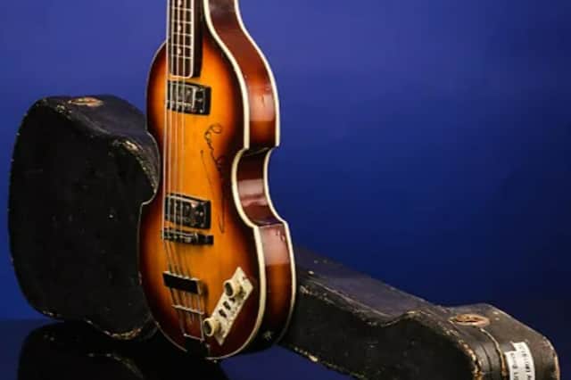 The 1965/1966 Höfner 500/1 “Violin” Bass inscribed with Paul McCartney’s signature. (Picture: Fretted Americana, Inc)