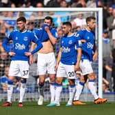 Everton players look dejected during the Premier League match between Everton FC and Fulham FC at Goodison Park on April 15, 2023 in Liverpool, United Kingdom. (Photo by Marc Atkins/Getty Images)
