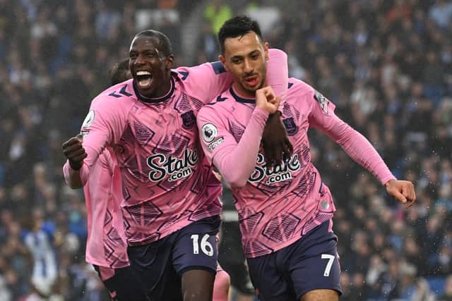 Dwight McNeil and Abdoulaye Doucoure celebrate after a goal was scored for Everton