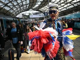 A Eurovision super-fan arrives at Lime Street Station in Liverpool, northern England on May 9, 2023, ahead of the first semi-final of the Eurovision Song contest. (Photo by Paul ELLIS / AFP) (Photo by PAUL ELLIS/AFP via Getty Images)