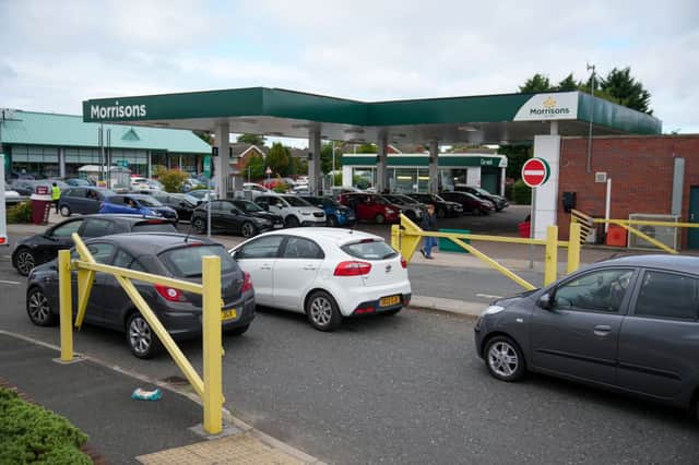 A queue at a local petrol station as drivers stock up amid reports of fuels shortages. 