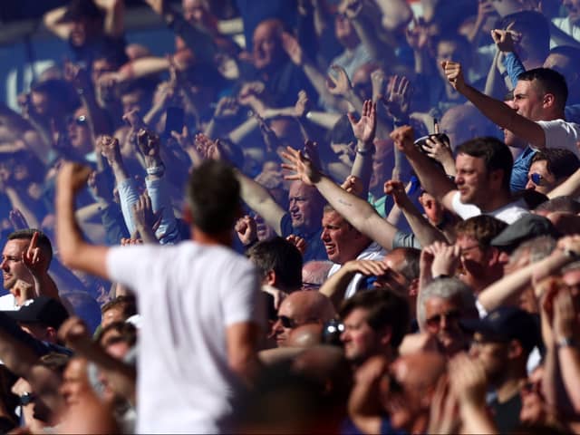 Everton fans celebrate Yerry Mina’s equaliser against Wolves. Picture: Naomi Baker/Getty Images
