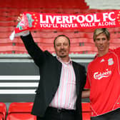 Liverpool manager Rafael Benitez unveils new signing Fernando Torres at a press conference held at Anfield on July 4, 2007 in Liverpool, England. (Photo by Gary M. Prior/Getty Images)