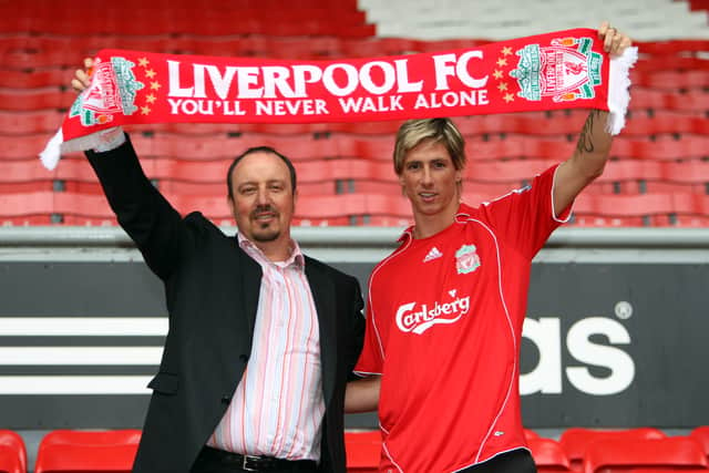 Liverpool manager Rafael Benitez unveils new signing Fernando Torres at a press conference held at Anfield on July 4, 2007 in Liverpool, England. (Photo by Gary M. Prior/Getty Images)