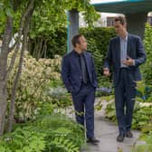 Stephen Graham with designer, Charlie Hawkes at the Rare Space Sanctuary Garden he has designed for The National Brain Appeal at the RHS Chelsea Flower Show. Image: Ginger Horticulture