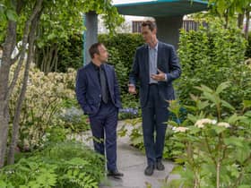 Stephen Graham with designer, Charlie Hawkes at the Rare Space Sanctuary Garden he has designed for The National Brain Appeal at the RHS Chelsea Flower Show. Image: Ginger Horticulture