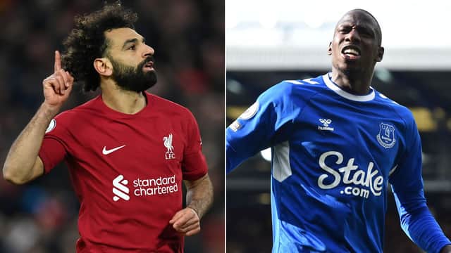 Split image of Mohamed Salah and Abdoulaye Doucouré celebrating for Liverpool and Everton