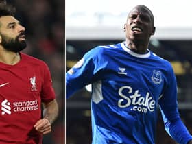Split image of Mohamed Salah and Abdoulaye Doucouré celebrating for Liverpool and Everton