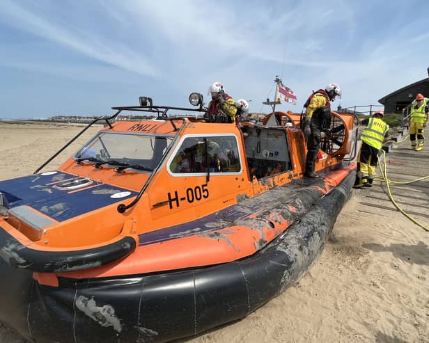 RNLI hovercraft crew rescued a walker from thick mud at West Kirby beach. Image: RNLI/Daniel Whiteley