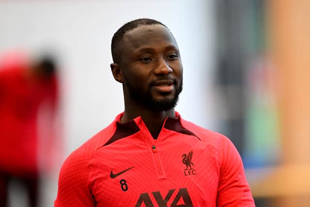 Naby Keita of Liverpool looks on during a training session