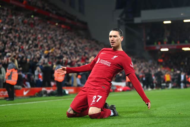 Darwin Nunez of Liverpool celebrates scoring a goal
