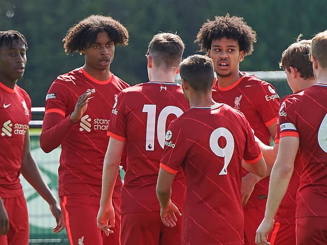 Harvey Blair, centre, celebrates scoring for Liverpool Academy. Picture: Nick Taylor/Liverpool FC/Liverpool FC via Getty Images