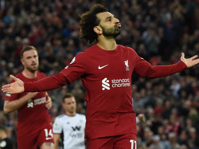 Mo Salah celebrates scoring for Liverpool. Pictue: John Powell/Liverpool FC via Getty Images