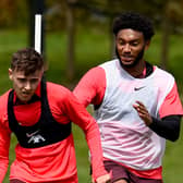 Luke Chambers and Joe Gomez of Liverpool during a pre-season training session at AXA Training Centre on July 05, 2022 in Kirkby, England. (Photo by Andrew Powell/Liverpool FC via Getty Images)