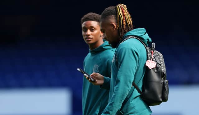 Demarai Gray and Alex Iwobi of Everton inspect the pitch prior to the Premier League match between Everton FC and Fulham FC at Goodison Park on April 15, 2023 in Liverpool, England. (Photo by Marc Atkins/Getty Images)