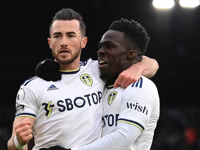 Leeds United pair Wilfried Gnonto, right, and Jack Harrison. Picture: Stu Forster/Getty Images