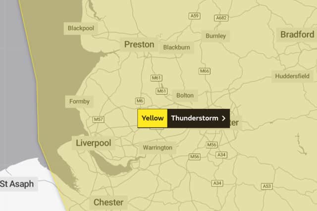 Yellow warning for thunderstorms in Liverpool and Merseyside on Saturday. Image: Met Office