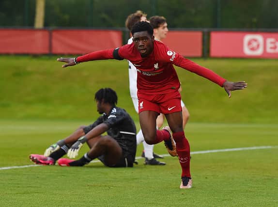 Elijah Gift of Liverpool celebrates scoring the second goal during the game between  Liverpool U18 v Leeds United U18  at AXA Training Centre on April 14, 2023 in Kirkby, England. (Photo by John Powell/Liverpool FC via Getty Images)