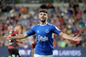 Tom Cannon of Everton celebrates after scoring a goal during the Sydney Super Cup match between Everton and the Western Sydney Wanderers at CommBank Stadium (Photo by Jeremy Ng/Getty Images)
