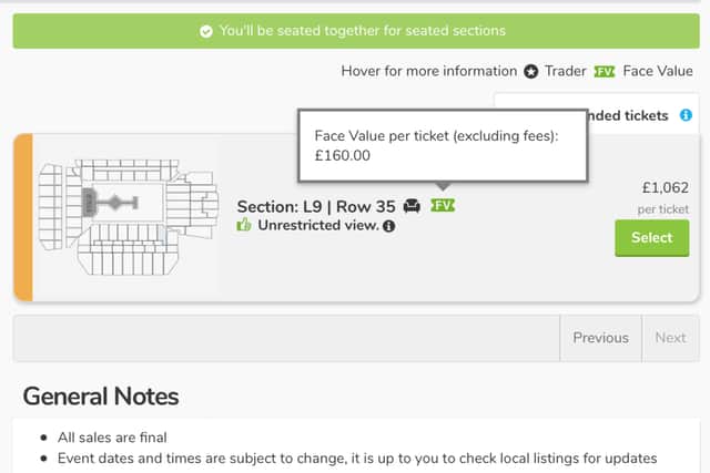 Tickets available for Taylor Swift at Anfield, for up to £1,062 on Viagogo, despite face value of £160. Photo: Screengrab of Viagogo.