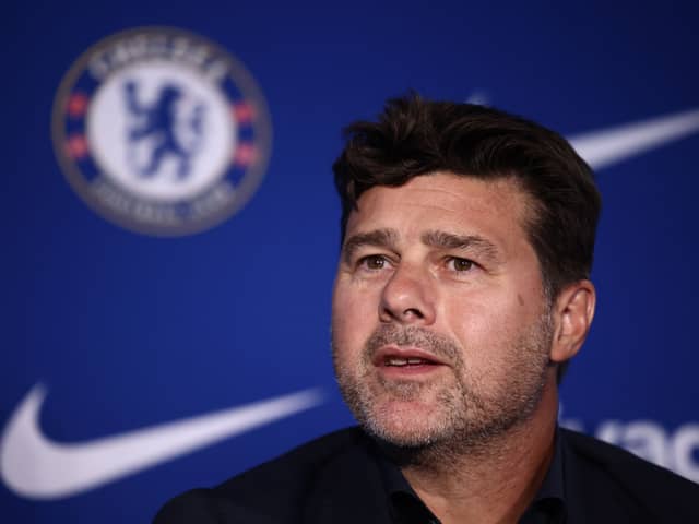 Chelsea’s head coach Mauricio Pochettino attends a press conference