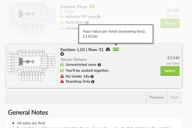 People are already reselling Taylor Swift Anfield tickets. Photo shows Viagogo site at 12:00 on Tuesday, July 18.