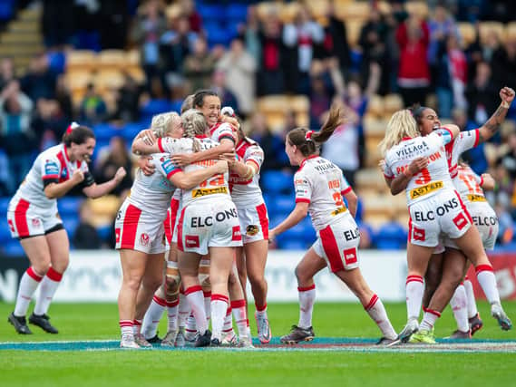  St Helens celebrate beating York Valkyrie 17-16 in the Betfred Women’s Challenge Cup semi-final match at The Halliwell Jones Stadium. Image: Jess Hornby/Getty Images