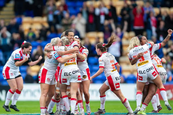 St Helens celebrate beating York Valkyrie 17-16 in the Betfred Women’s Challenge Cup semi-final match at The Halliwell Jones Stadium. Image: Jess Hornby/Getty Images