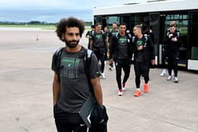 Mohamed Salah of Liverpool departing for pre season tour on July 27, 2023 in Manchester, England. (Photo by Andrew Powell/Liverpool FC via Getty Images)