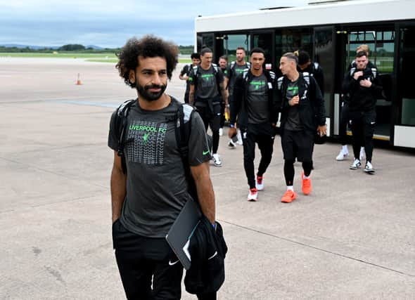 Mohamed Salah of Liverpool departing for pre season tour on July 27, 2023 in Manchester, England. (Photo by Andrew Powell/Liverpool FC via Getty Images)