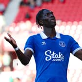 Amadou Onana of Everton celebrates after scoring the team's first goal during the pre-season friendly match between Stoke City and Everton at Bet365 Stadium on July 29, 2023 in Stoke on Trent, England. (Photo by Matt McNulty/Getty Images)