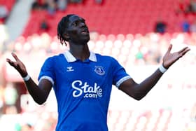 Amadou Onana of Everton celebrates after scoring the team's first goal during the pre-season friendly match between Stoke City and Everton at Bet365 Stadium on July 29, 2023 in Stoke on Trent, England. (Photo by Matt McNulty/Getty Images)