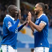 Dominic Calvert-Lewin of Everton celebrates scoring their side's first goal from the penalty spot with team-mate Abdoulaye Doucoure during the pre-season friendly match between Everton and Sporting Lisbon at Goodison Park on August 5, 2023 in Liverpool, England. (Photo by Jess Hornby/Getty Images)