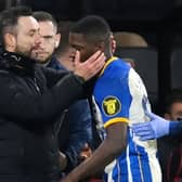 Brighton boss Roberto De Zerbi with Moises Caicedo. Picture: Mike Hewitt/Getty Images