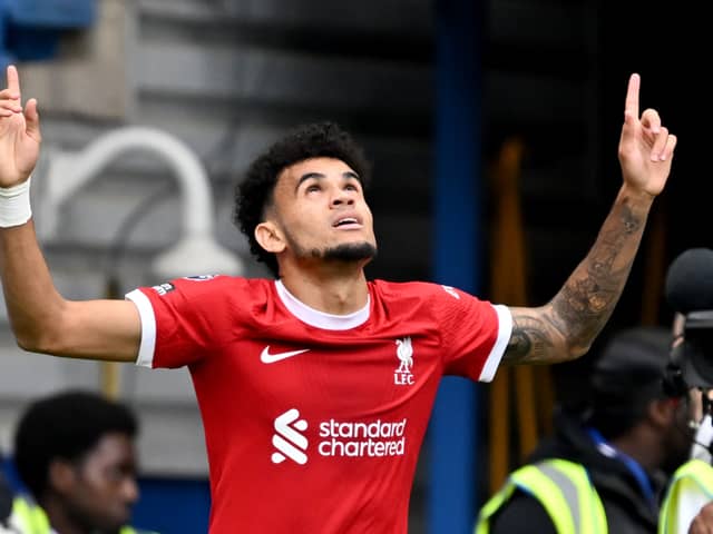 Luis Diaz celebrates after scoring against Chelsea. The Colombian winger has developed into Jurgen Klopp’s best left-sided attacker, as he looks to emulate the success of Sadio Mane. 