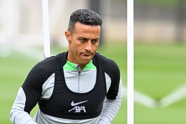 Thiago Alcantara of Liverpool during a training session at AXA Training Centre on August 16, 2023 in Kirkby, England. (Photo by John Powell/Liverpool FC via Getty Images)