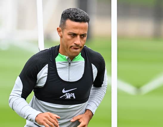 Thiago Alcantara of Liverpool during a training session at AXA Training Centre on August 16, 2023 in Kirkby, England. (Photo by John Powell/Liverpool FC via Getty Images)