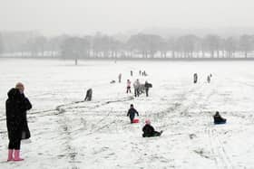 Children play on sleds on a snow covered hill in Liverpool. Image: PAUL ELLIS/AFP via Getty Images