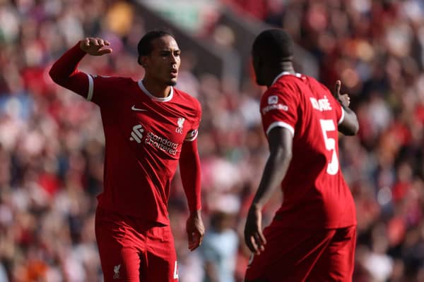 irgil van Dijk and Ibrahima Konate of Liverpool react during the Premier League match between Liverpool FC and AFC Bournemouth at Anfield on August 19, 2023 in Liverpool, England. (Photo by George Wood/Getty Images)