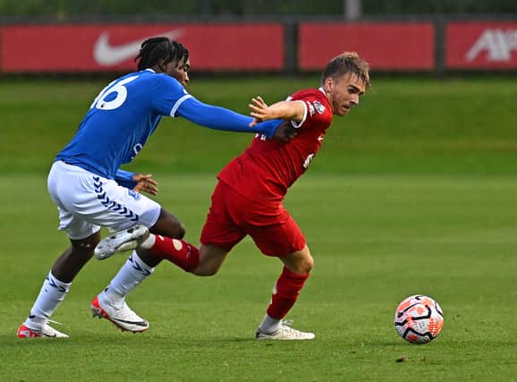 James Norris of Liverpool during the game between Liverpool U21 v Everton U21 at AXA Training Centre on August 14, 2023 in Kirkby, England. (Photo by John Powell/Liverpool FC via Getty Images)