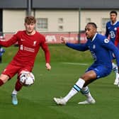 Luca Stephenson of Liverpool and Juan Castillo of Chelsea in action during the PL2 game at AXA Training Centre on February 19, 2023 in Kirkby, England. (Photo by Nick Taylor/Liverpool FC/Liverpool FC via Getty Images)